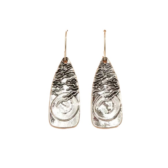 Silver Geometric Design Embossed Drop Earrings - Picture 3 of 5